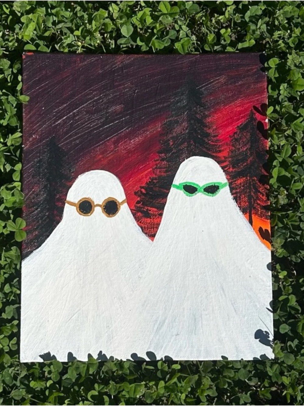 Hand Painted Spooky Sunset Ghost Duo Acrylic Painting (8" x 10")